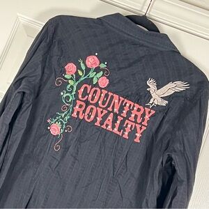 Black Country Royalty Pearl Snap Button Up with Embroidered Rose Design